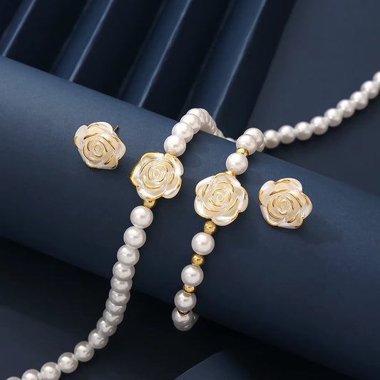 Elegant Imitation Pearl Delicate Flower Necklace Bracelets Earrings Women'S Daily Versatile Party Banquet Wedding Jewelry Gifts