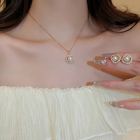 4Pcs Rhinestone Jewelry Set Including Necklace Earrings Ring Vintage Elegant Necklace Adorned with Faux Pearls in Petals