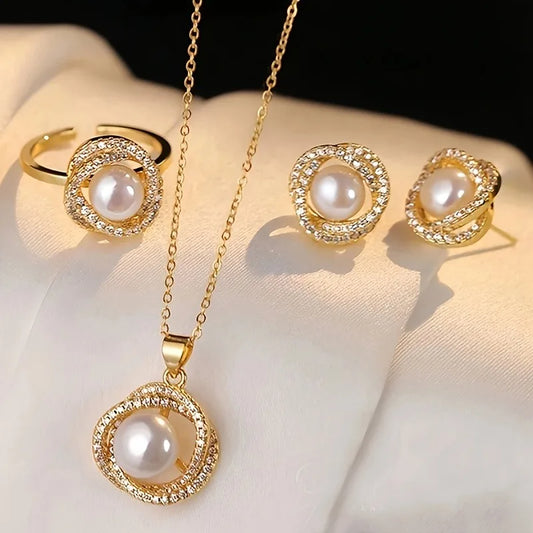 4Pcs Rhinestone Jewelry Set Including Necklace Earrings Ring Vintage Elegant Necklace Adorned with Faux Pearls in Petals