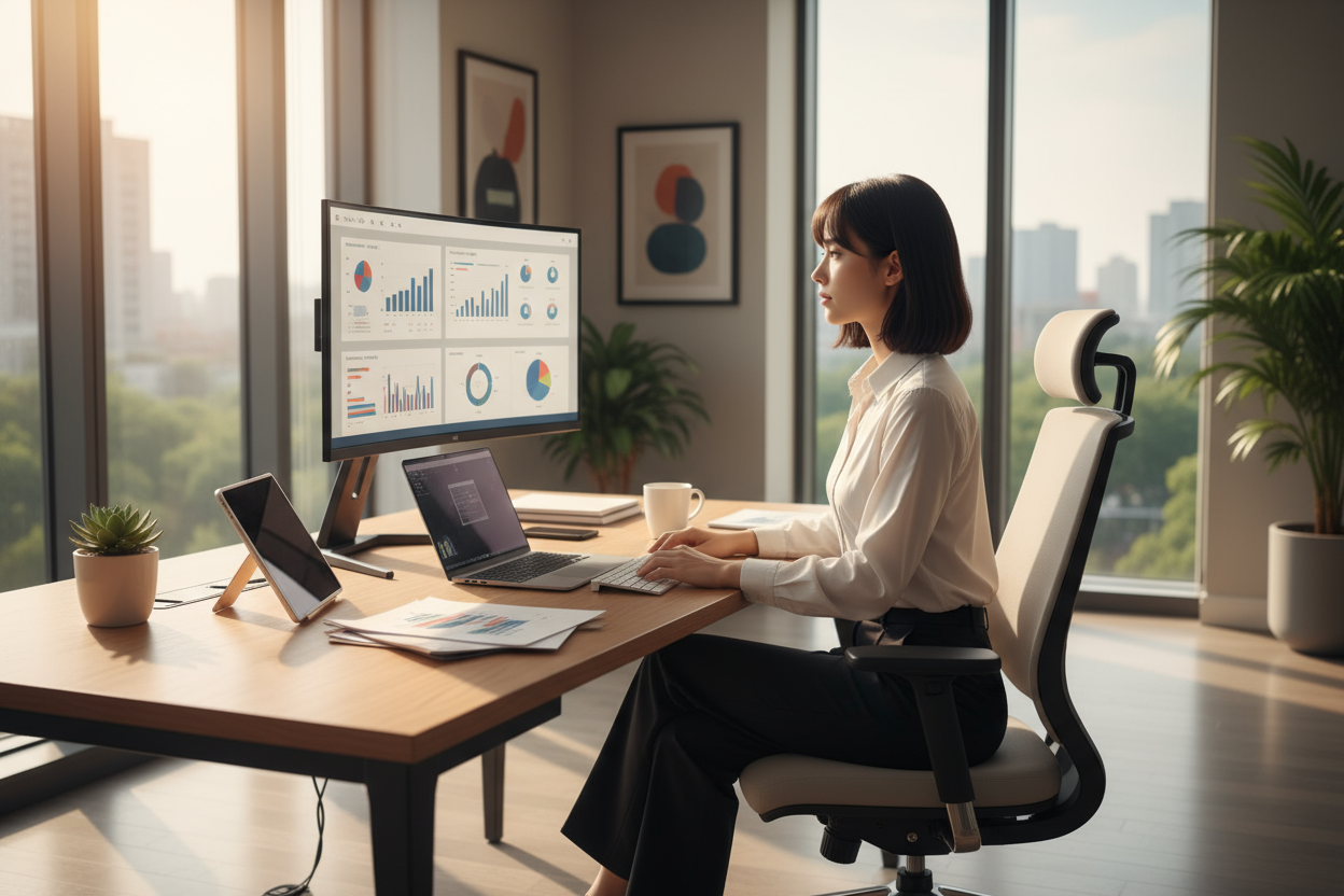 creer l'image d'une fille qui asis sur son bureau avec son ordinataire
